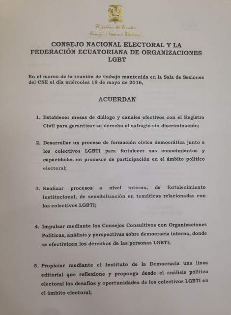 Acta del acuerdo entre consejo nacional electoral y federacion ecuatoriana de organizaciones lgbt