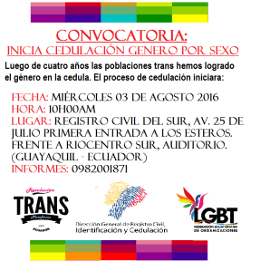 Cambio de sexo por genero en ecuador inicio el 3 de agosto federacion ecuatoriana de organizaciones lgbt revolucioon trans ecud¡ador plataforma