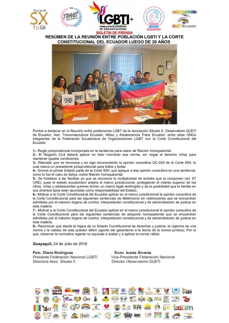 RESÚMEN DE LA REUNIÓN ENTRE POBLACIÓN LGBTI Y LA CORTE CONSTITUCIONAL DEL ECUADOR COMO UN HECHO HISTÓRICO - Asociación Silueta X - Transmasculinos ecuador - niñez y adolescencia tr