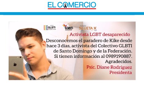 Aparece con vida ecuatoriano activista del colectivo Lgtbi que estaba desaparecido en Santo Domingo-Asociacion Silueta X-Federacion Ecuatoriana LGBTI