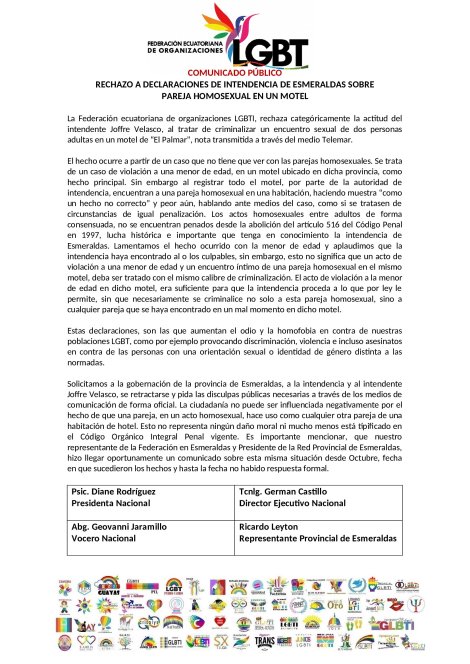 Boletin de Prensa - RECHAZO A DECLARACIONES DE INTENDENCIA DE ESMERALDAS SOBRE PAREJA HOMOSEXUAL EN UN MOTEL DE PALMAR - Federación ecuatoriana de organizaciones LGBT