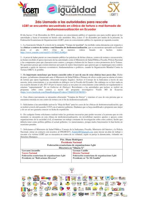 2do llamado sobre LGBT se encuentra secuestrado en clínica de tortura o mal llamada de deshomosexualización en Ecuador - LLamado a rescate de las autoridades - Asociación Silueta X -