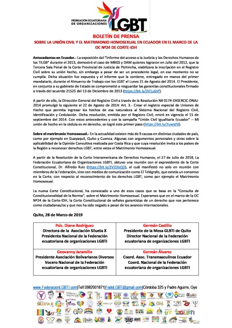 Boletín de Prensa - SOBRE LA UNIÓN CIVIL Y EL MATRIMONIO HOMOSEXUAL EN ECUADOR EN EL MARCO DE LA OC Nº24 DE CORTE-IDH