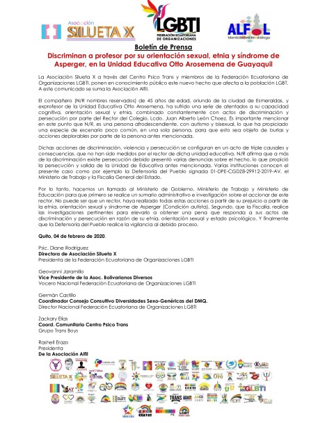 Boletín-de-Prensa-Discriminan-a-profesor-por-su-orientación-sexual_-etnia-y-síndrome-de-Asperger_ Federación LGBT Ecuador - Silueta X