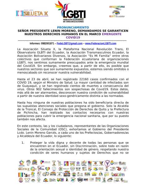 PRONUNCIAMIENTO - SEÑOR PRESIDENTE LENIN MORENO, DEMANDAMOS SE GARANTICEN NUESTROS DERECHOS HUMANOS EN EL MARCO EMERGENTE COVID19 - FEDERACION ECUATORIANA DE ORG. LGBT-1