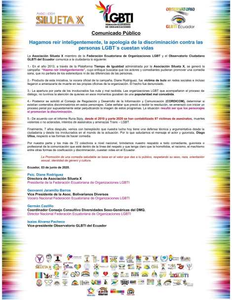 Comunicado Público - Hagamos reír inteligentemente, la apología de la discriminación contra las personas LGBT´s cuestan vidas - Asociación Silueta X - federación Ecuatoriana de Organizaciones LGBT