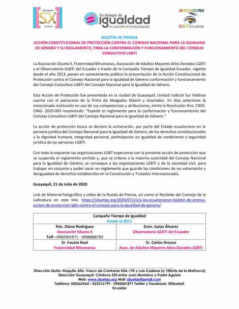 A LOS ECUATORIANOS, BOLETÍN DE PRENSA – ACCIÓN DE PROTECCIÓN LGBT CONTRA EL CONSEJO PARA LA IGUALDAD DE GÉNERO - Asociación Silueta X
