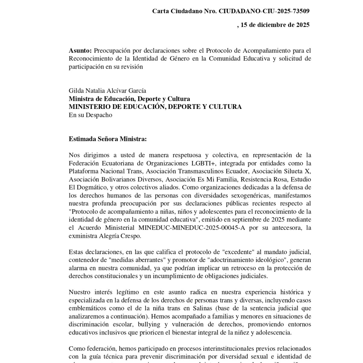 Organizaciones LGBTI+ Exhortamos a Ministra Alcívar Respetar Sentencia Constitucional y Evitar Retrocesos en Derechos de Niñez Trans